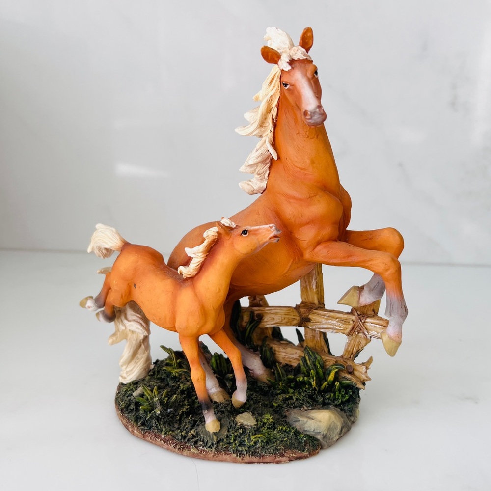 Vintage Mare and Foal Figurine Horse Resin Sculpture motherly love Jumping Fence